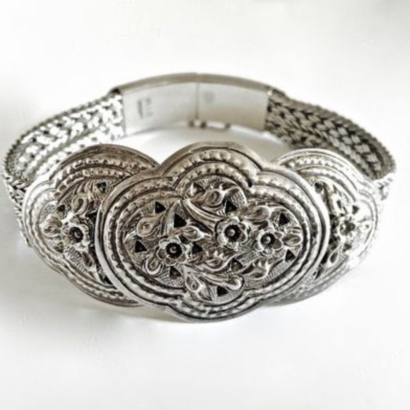 Handcrafted Vintage Sterling Silver Filigree Flower Wide Bracelet 7.5”